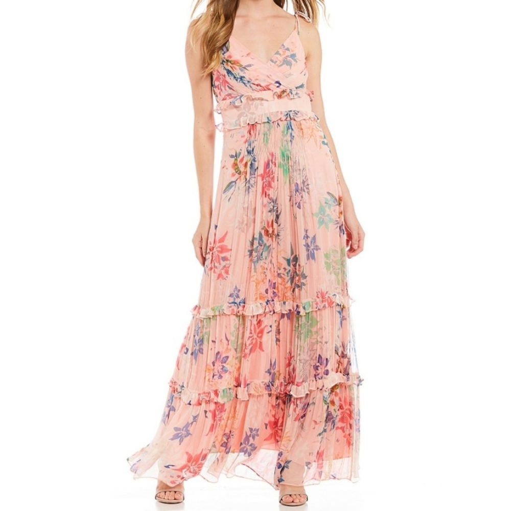 Nicole Miller Floral Ruffle Pleated A-Line Dress